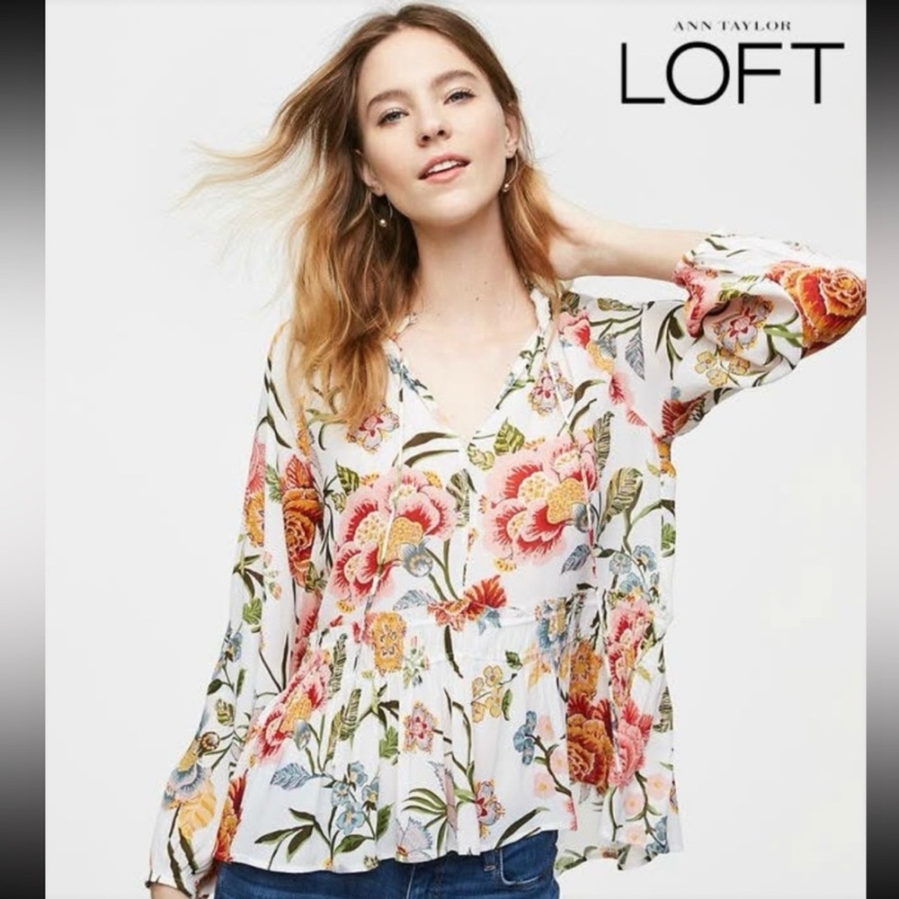 LOFT Vibrant Floral Poppy Blouse with Pink and Yellow Hues